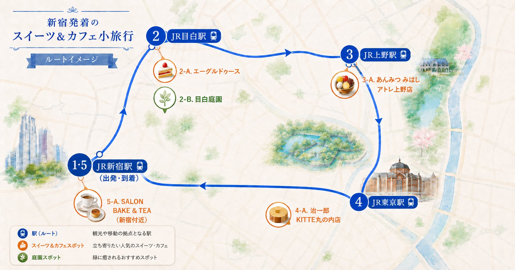 MAP【東京都・JR日帰り旅】都区内パスでめぐる、新宿発着のスイーツ＆カフェ小旅行