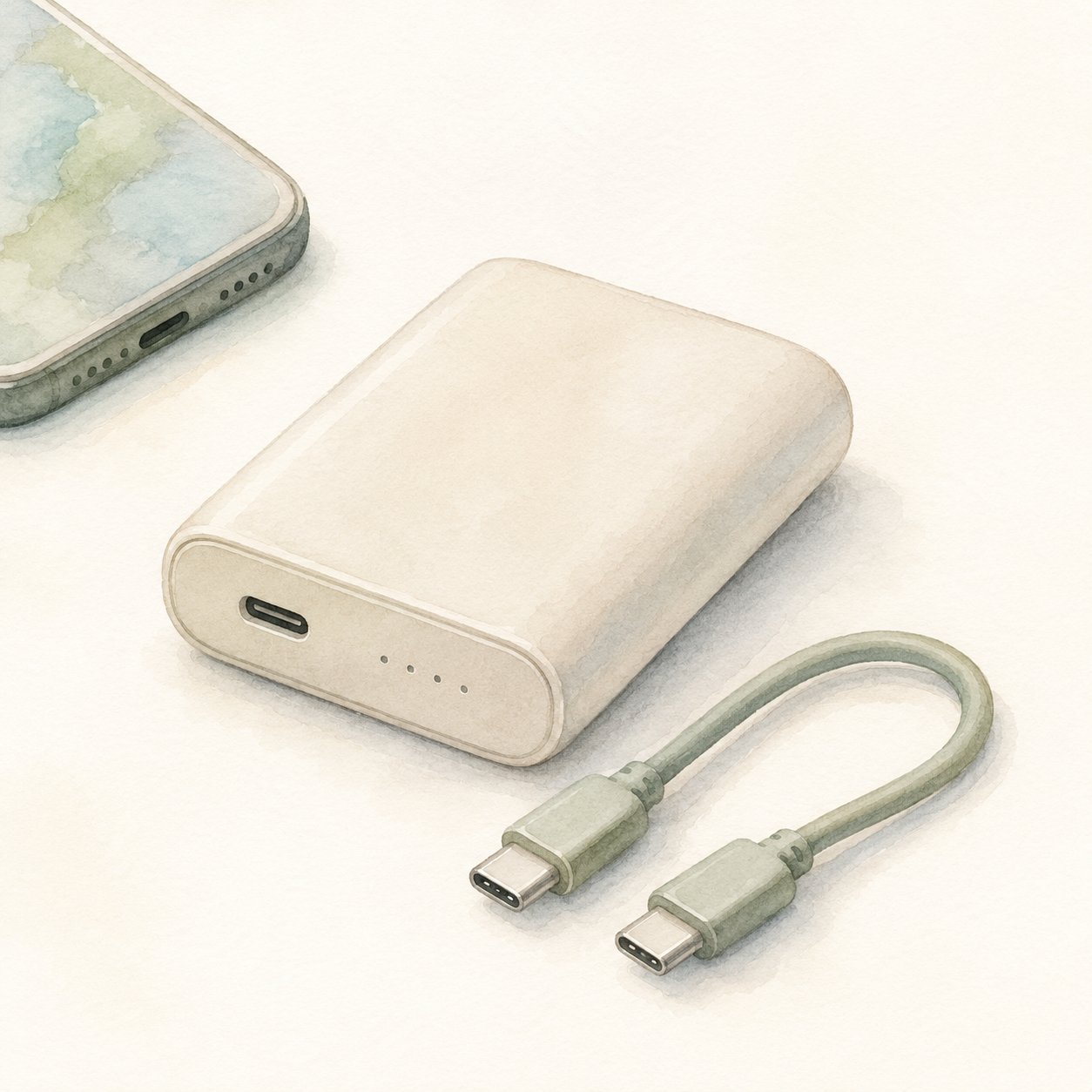 小型モバイルバッテリーと充電ケーブルのイメージ